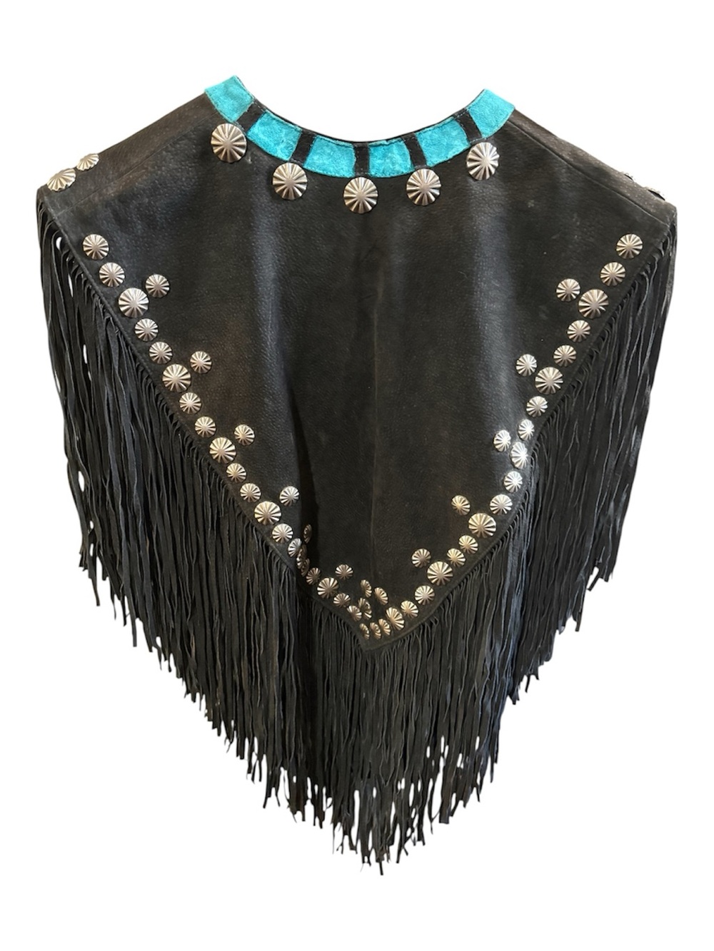 Black Leather Shawl with Turquoise accents and studding - Picture 3 of 8